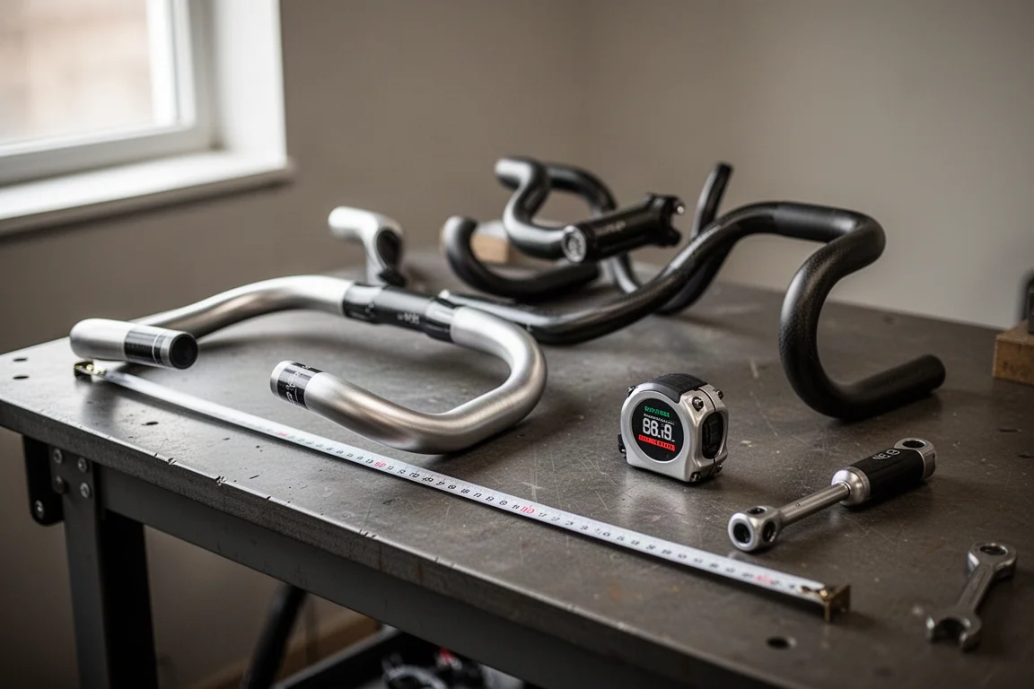 Drop handlebars and fit tools laid out on a workshop bench