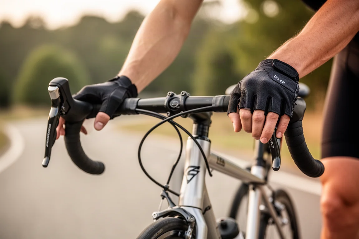 Cyclist's hands resting on the hoods of a road bike with a compact bar