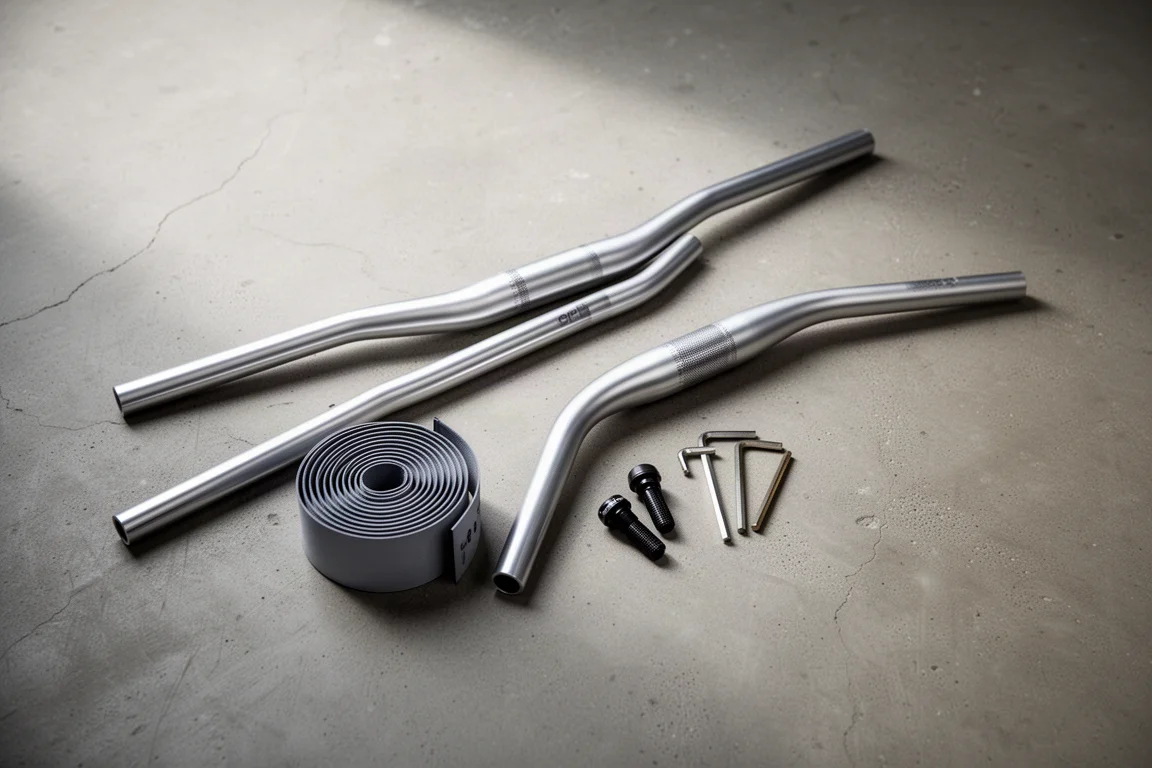 Overhead flat lay of narrow handlebars and bar tape on concrete