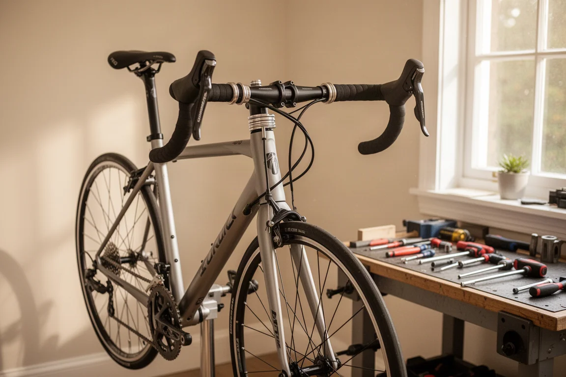 Bicycle on a repair stand with the front end being adjusted