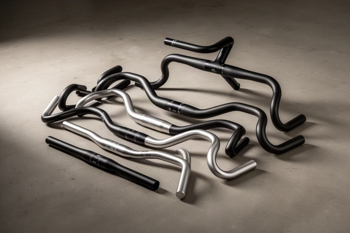 Nine drop handlebars with matte black and silver finishes arranged on a concrete surface