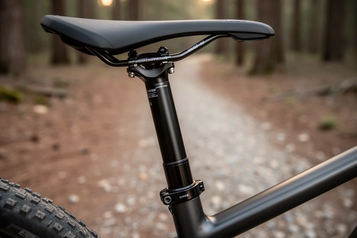 Mountain biker descending a dusty technical trail with the saddle dropped