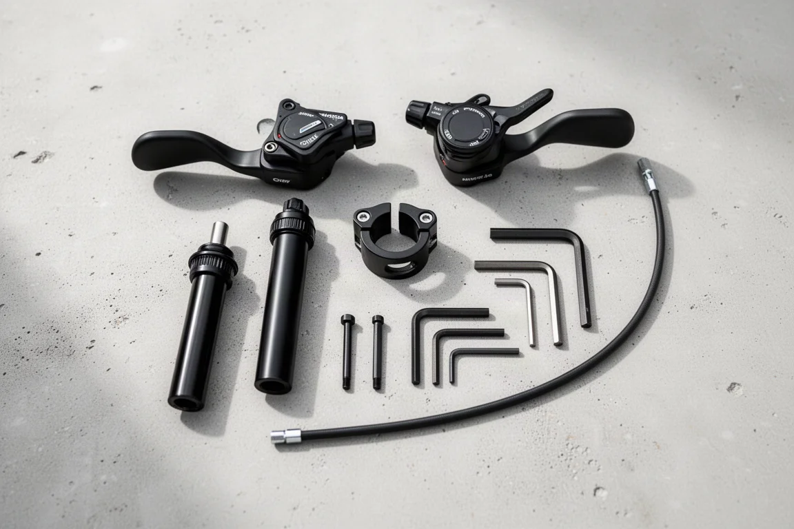 Overhead flat lay of dropper posts, remote levers, and allen keys on a workbench