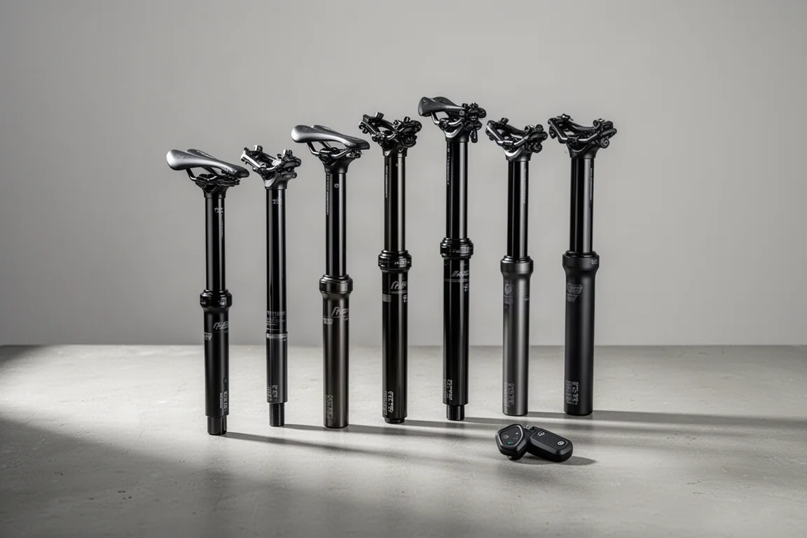 Several mountain bike dropper posts and handlebar remote levers arranged on concrete