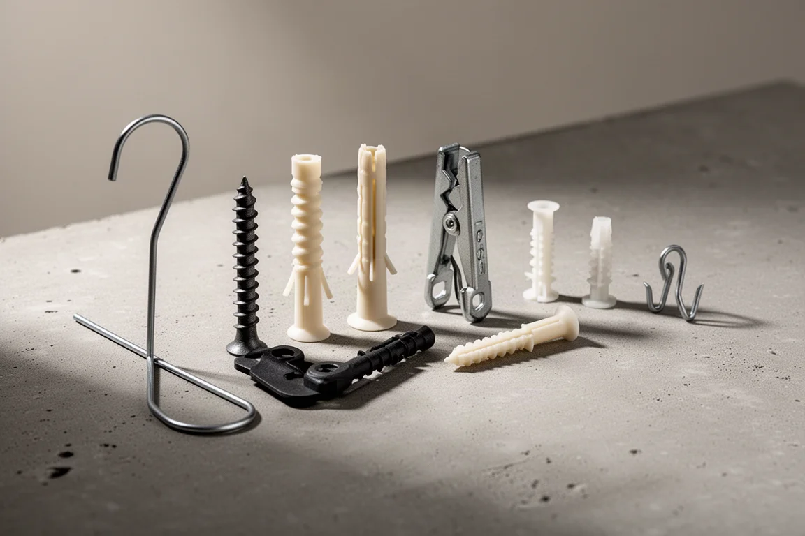 Assortment of drywall anchors and hardware on a concrete workbench