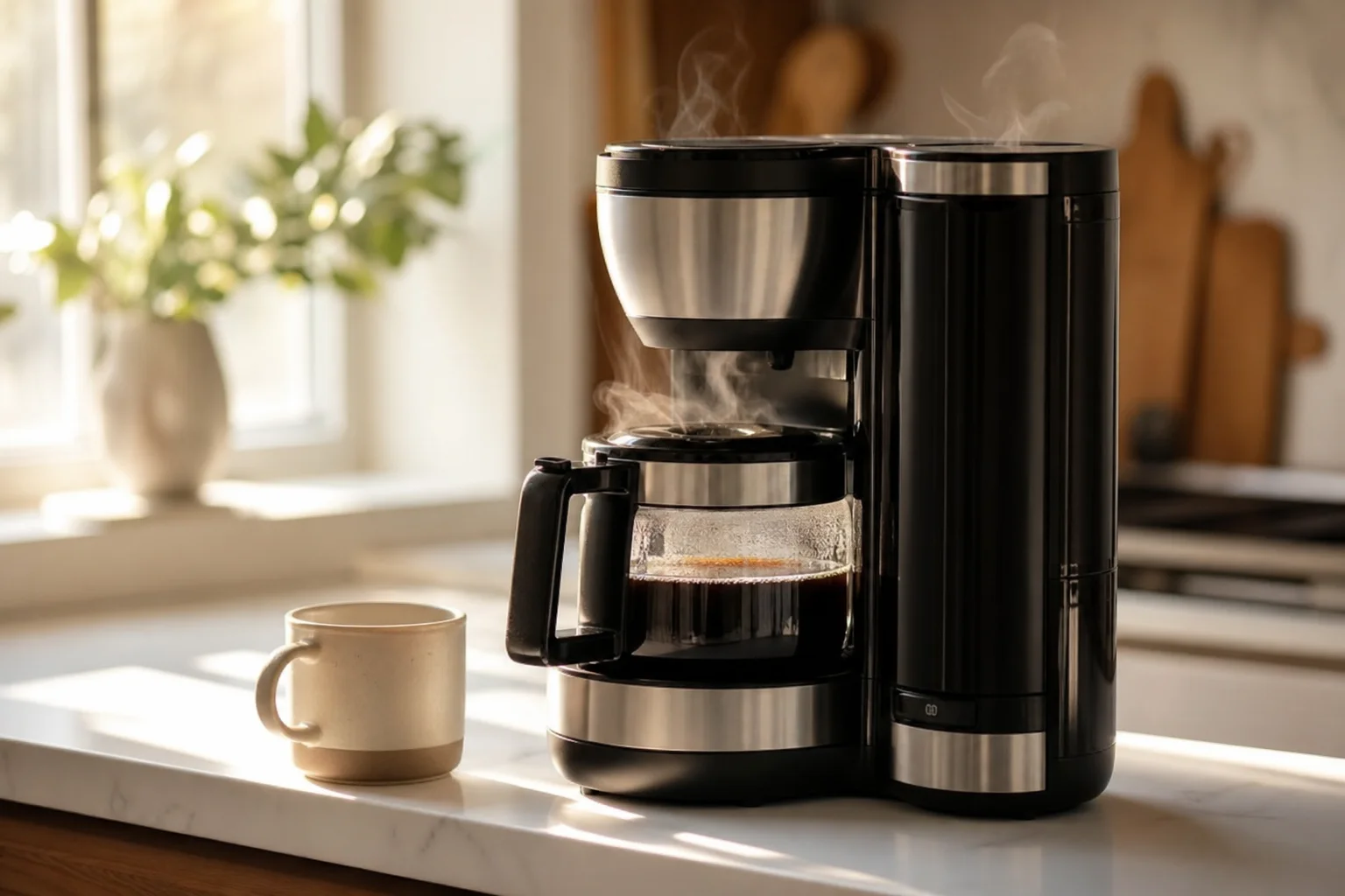 Morning kitchen scene with coffee brewing and steam rising from machine