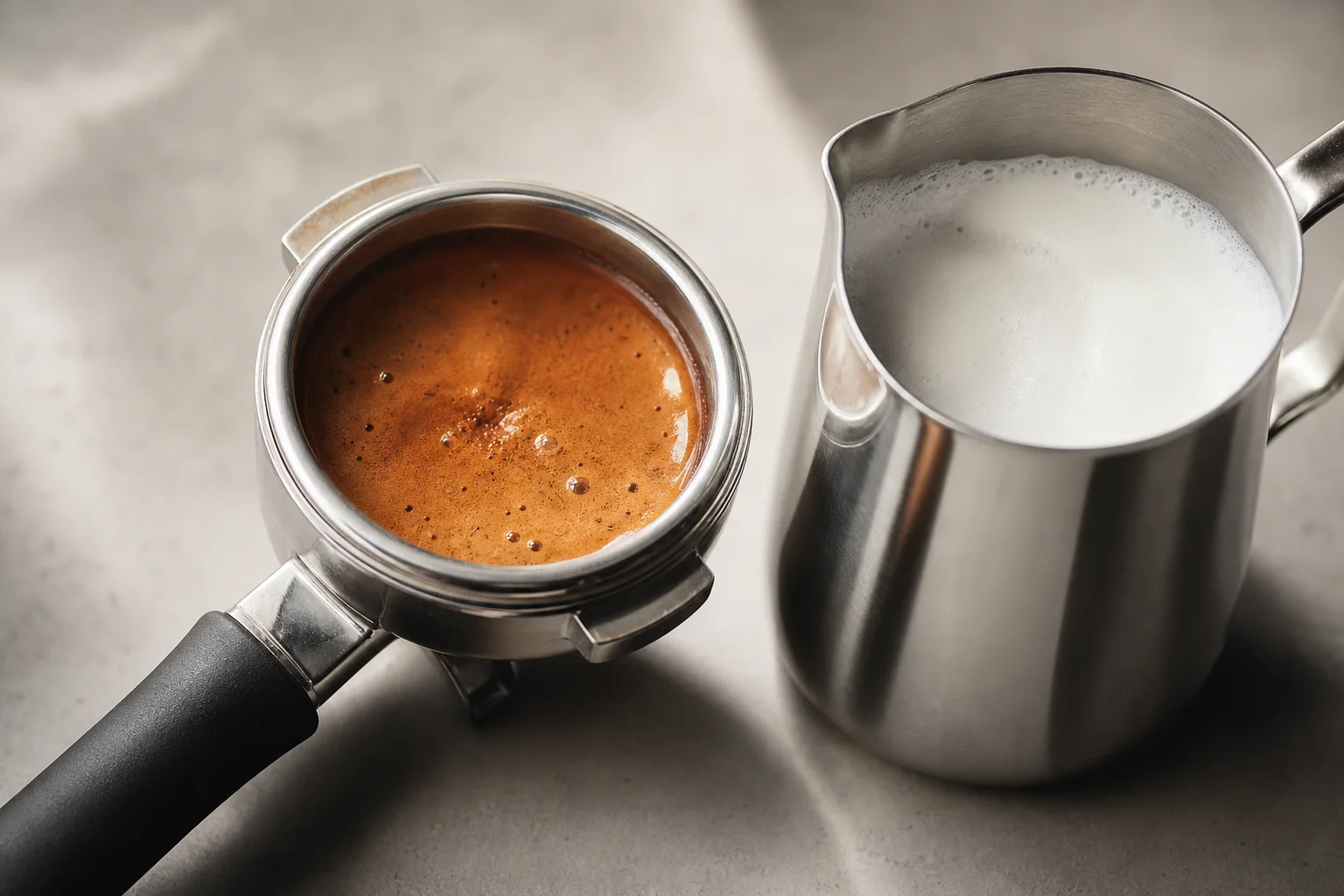 Close-up of espresso machine portafilter with rich dark espresso and milk frother