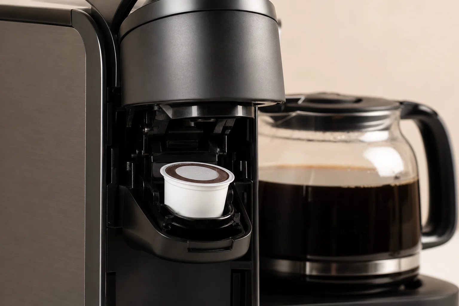 K-cup pod being inserted into single-serve coffee maker with full carafe visible