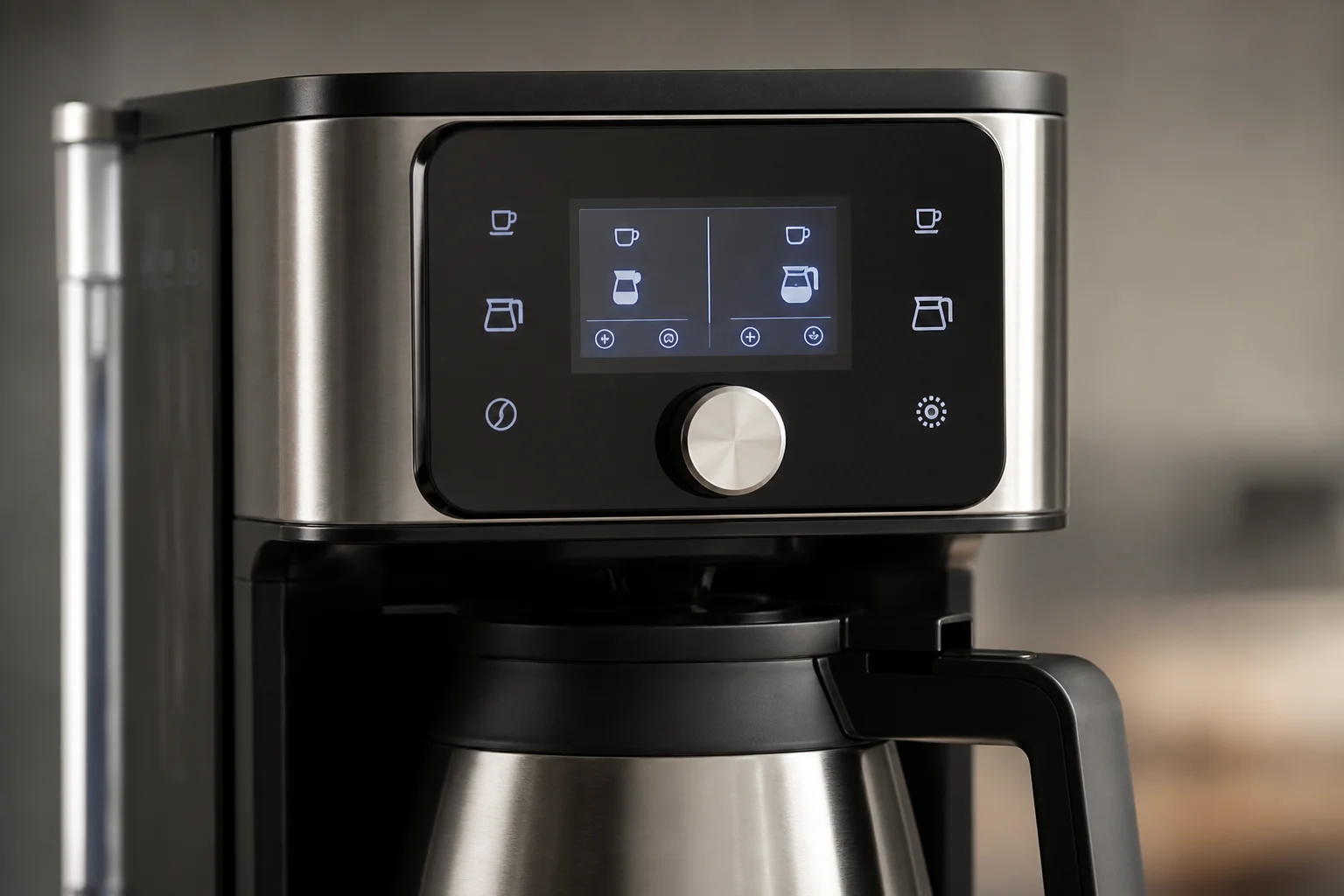 Programmable coffee maker display showing brew time settings with thermal carafe