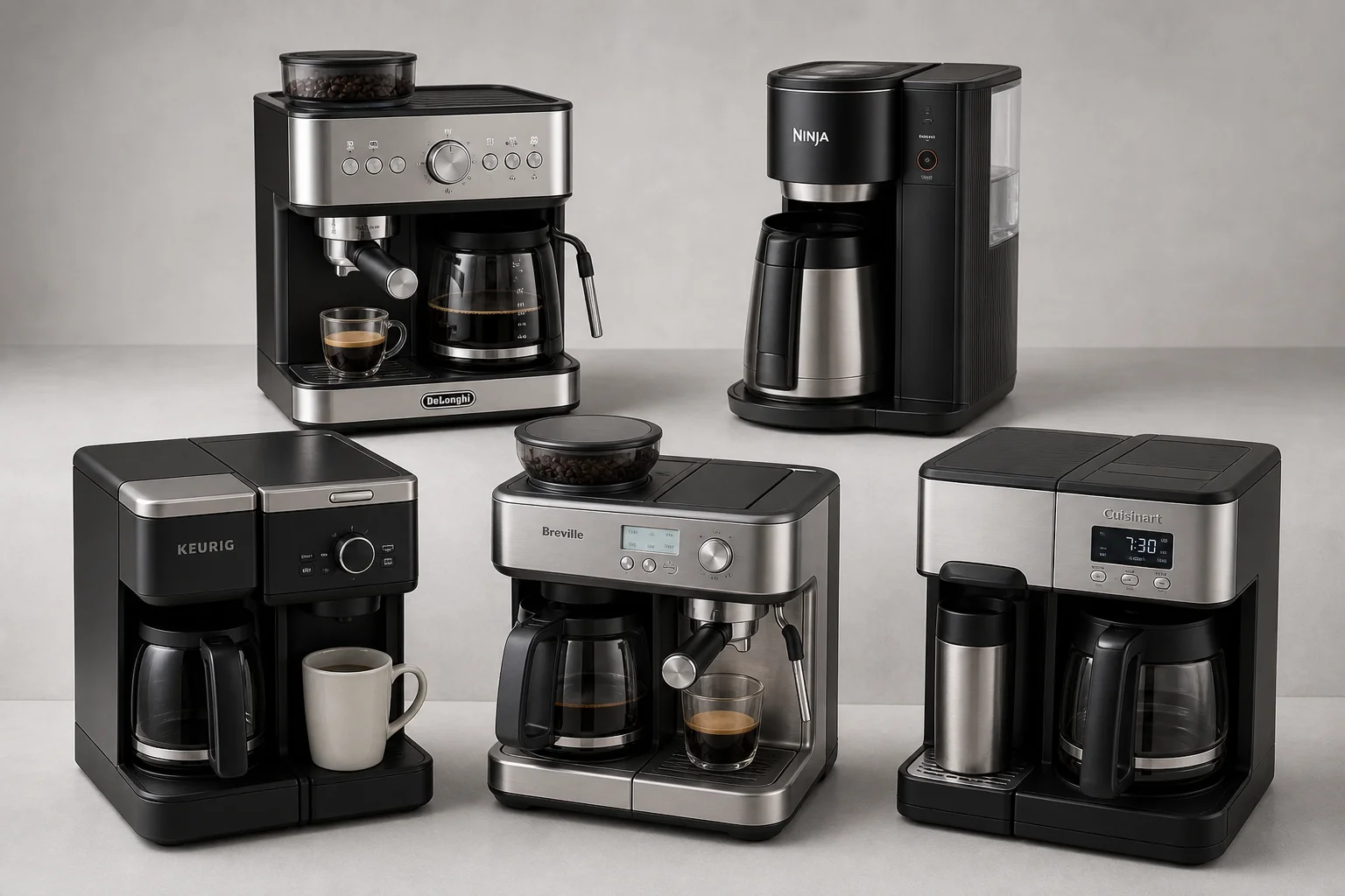 Five dual-brew coffee makers arranged on neutral backdrop showing variety of designs