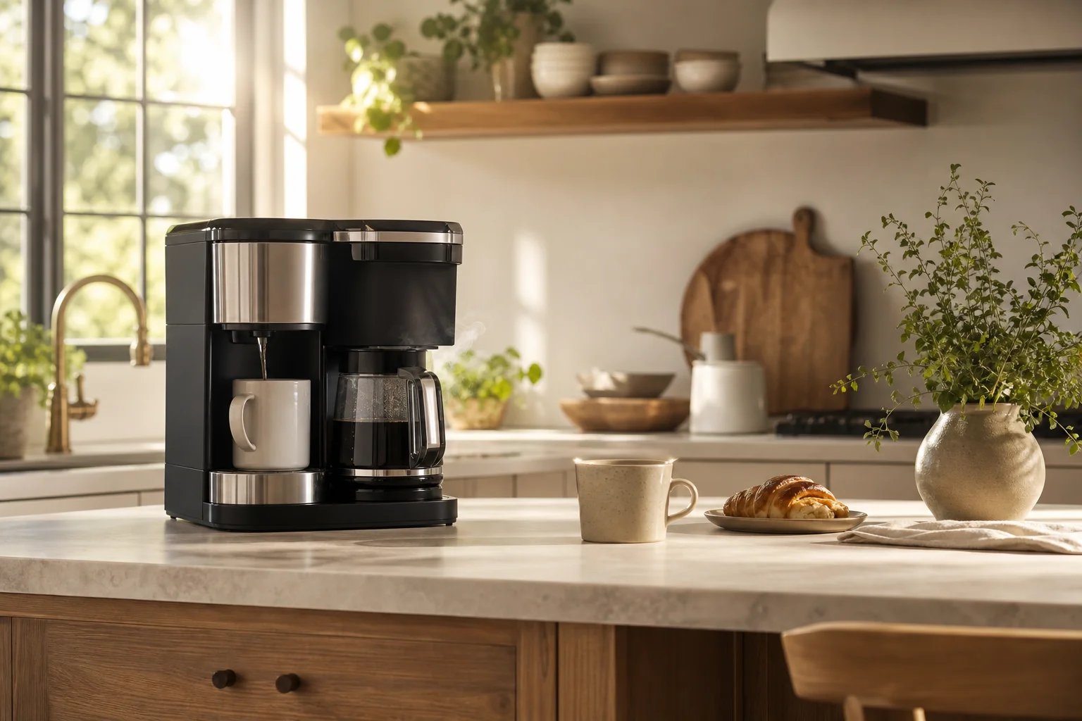 Morning kitchen scene with coffee brewing and steam rising from a carafe