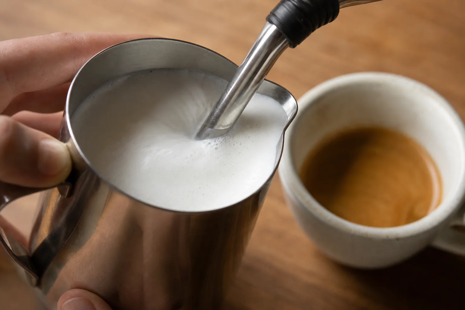 Close-up of milk being frothed in a metal pitcher with espresso cup nearby
