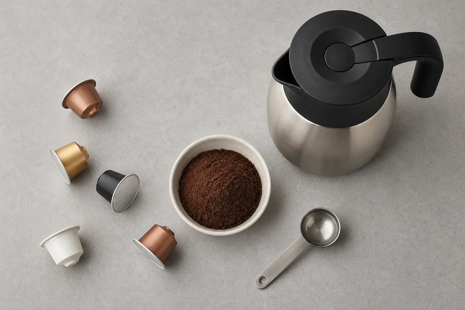 Overhead flat-lay of coffee pods, ground coffee, and a carafe on a neutral surface