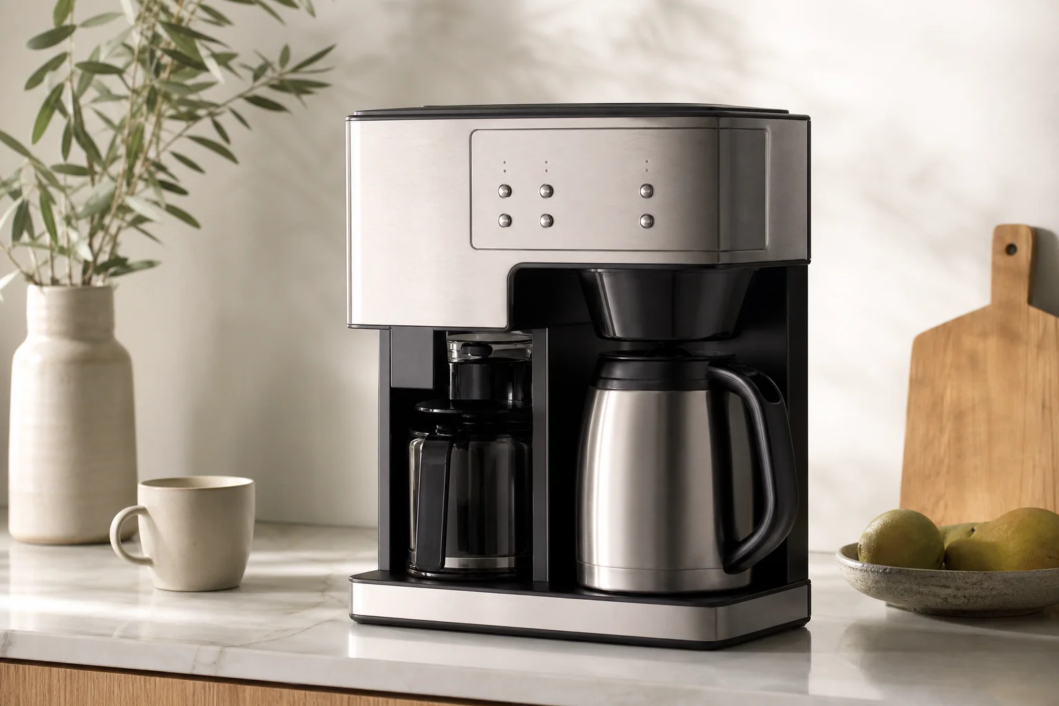 Kitchen counter setup showing a dual-brew coffee maker with programmable display and thermal carafe