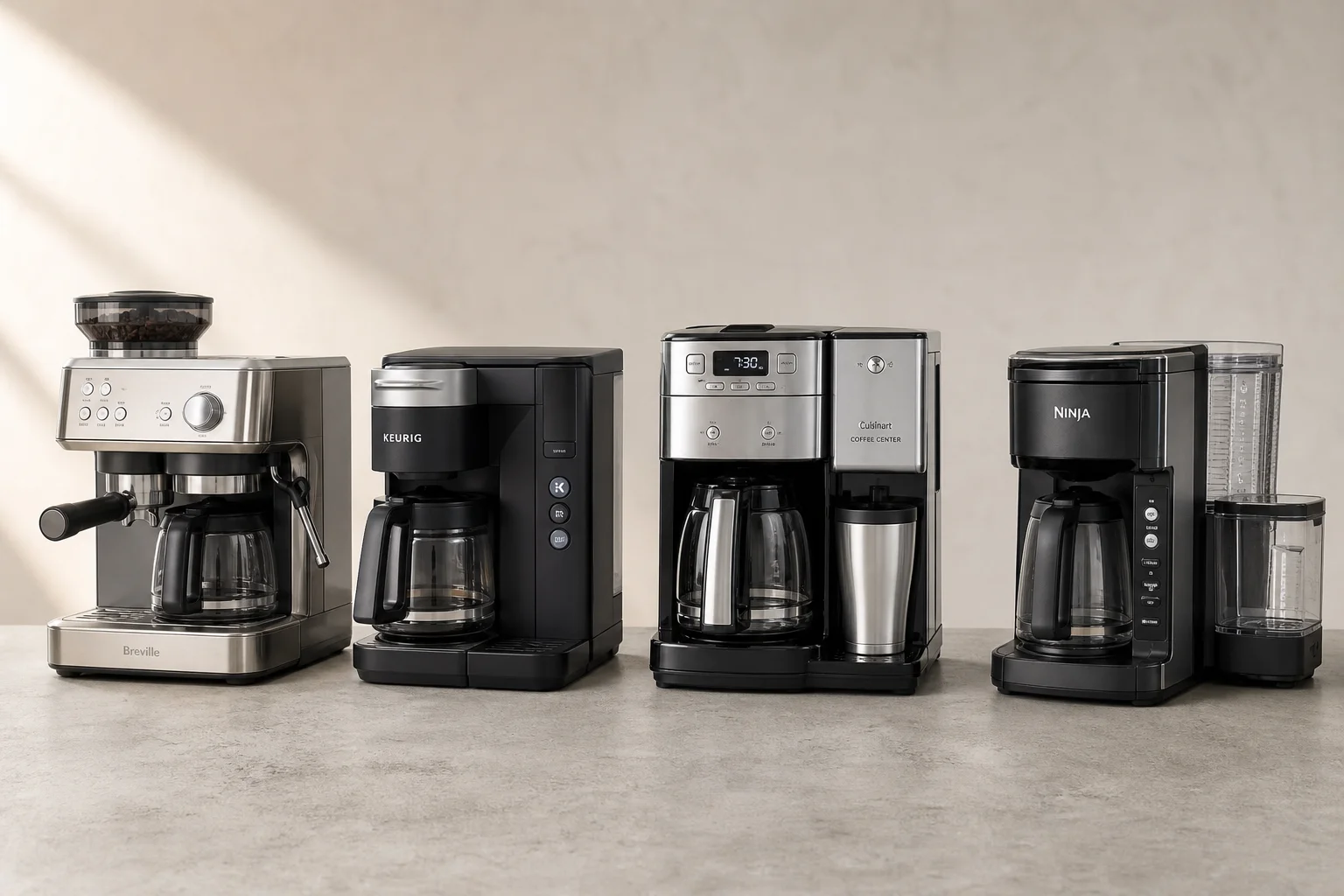Four dual-brew coffee makers lined up on concrete surface