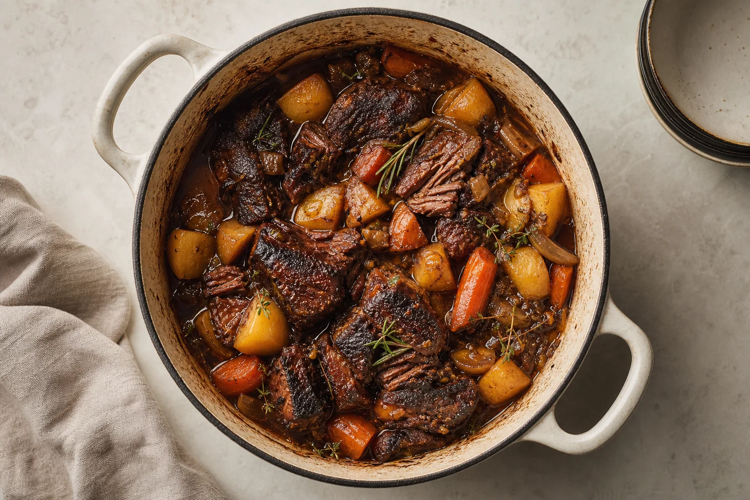 Vy uppifrån på en gjutjärnsgryta med bräserat kött och grönsaker