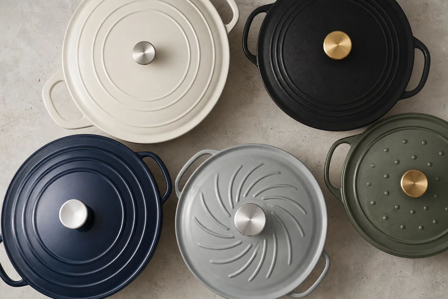 Collection of Dutch oven lids showing different knob designs and self-basting ridge patterns