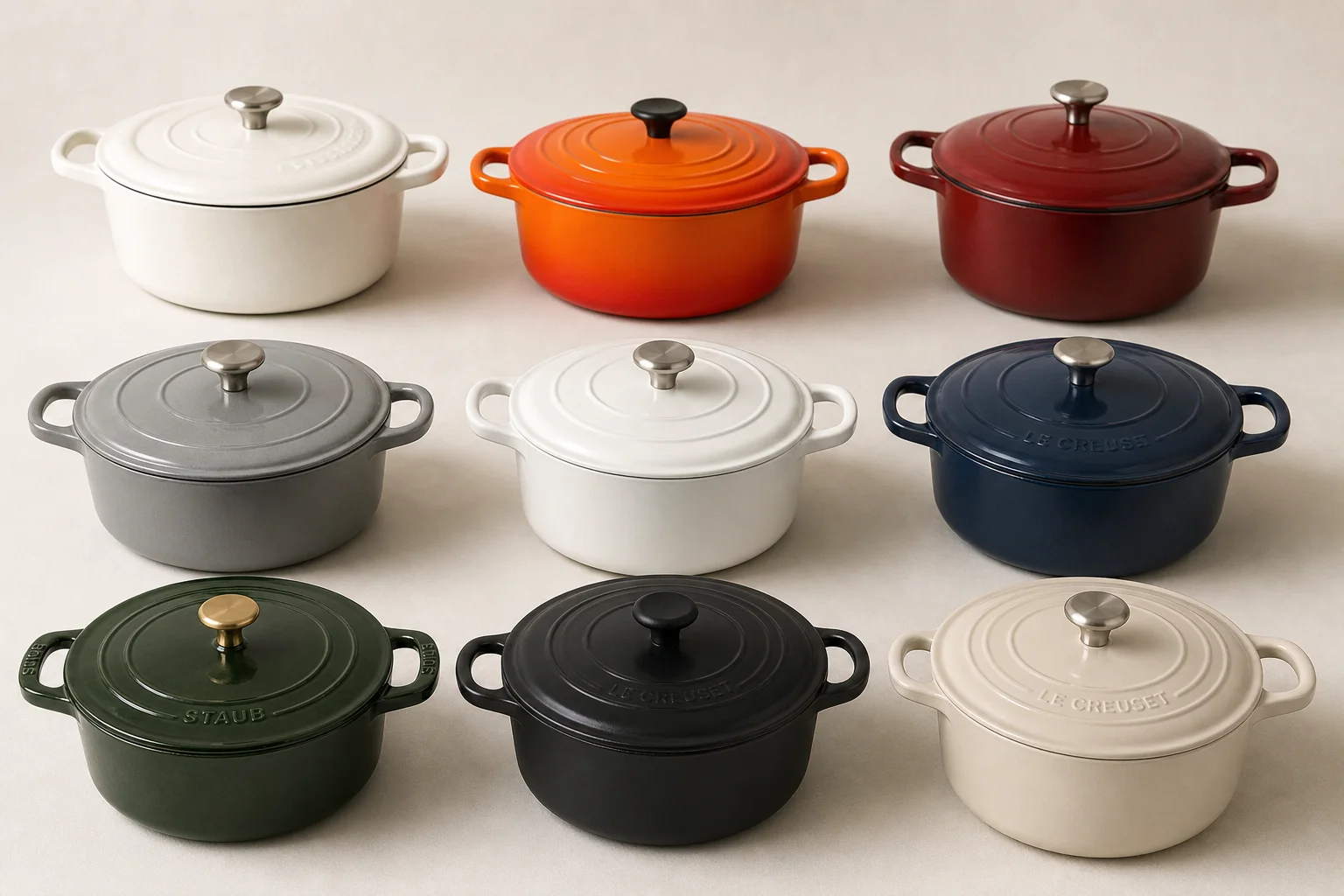 Collection of nine Dutch ovens in various colors and finishes arranged on neutral backdrop