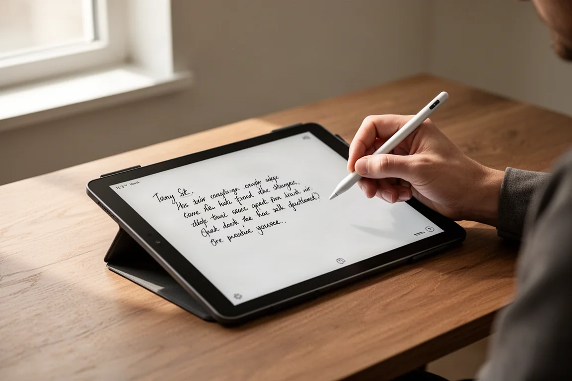 机でスタイラスを使って大型E-Inkタブレットに書き込む人