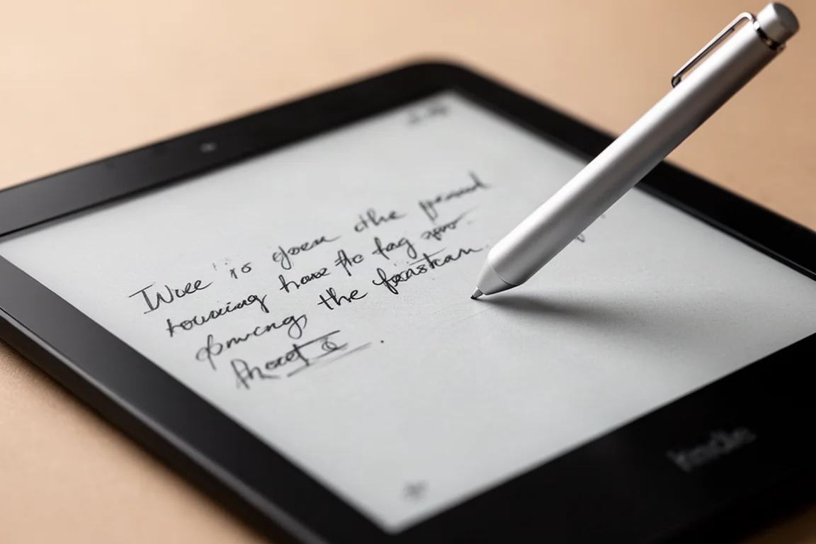 手書き文字が表示されたE-Inkタブレットの画面にスタイラスを置いたクローズアップ