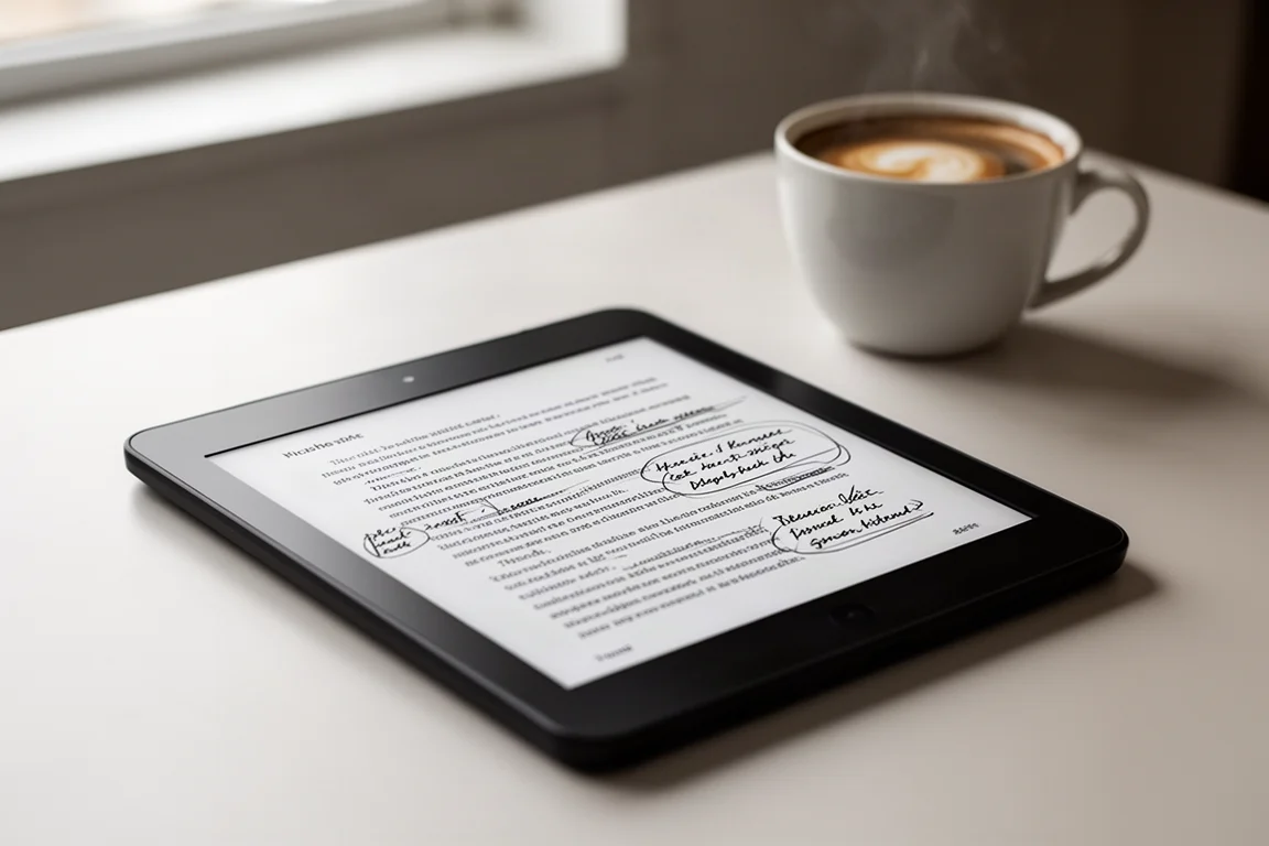 机の上で注釈付きPDF文書を表示しているE-Inkタブレット