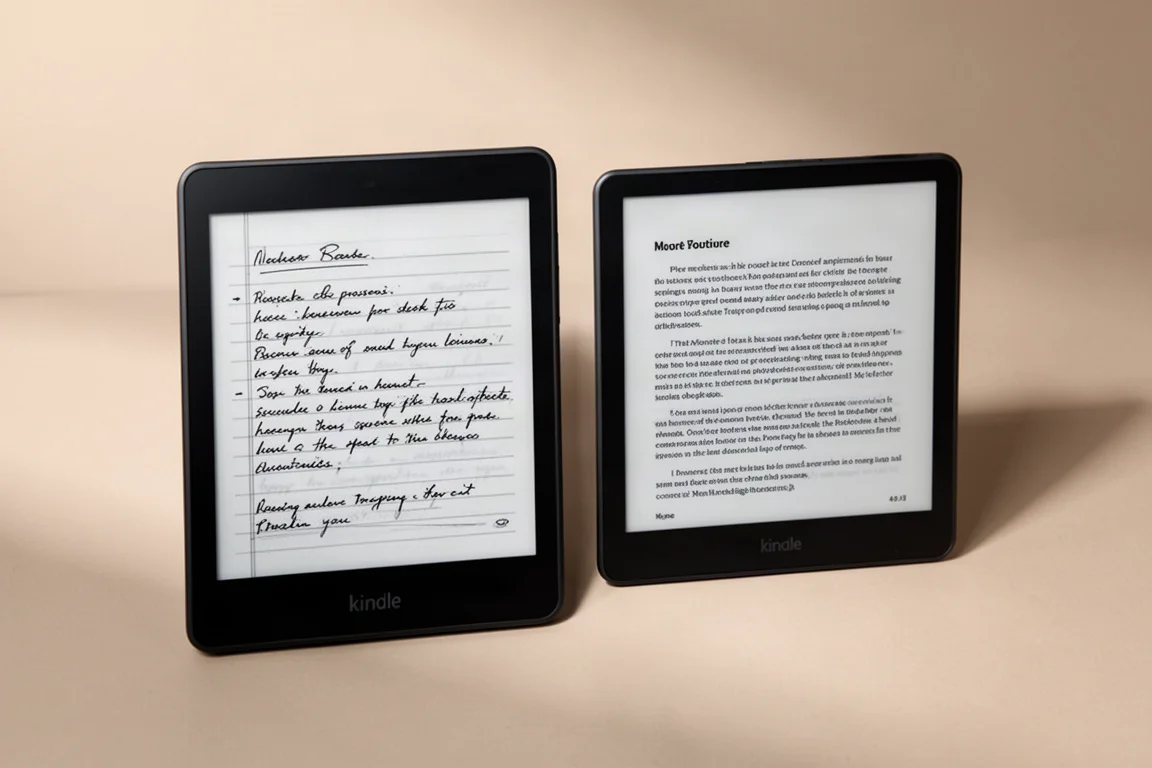 ニュートラルな表面に並べられた2台のE-Inkタブレット。1台はノートページを表示