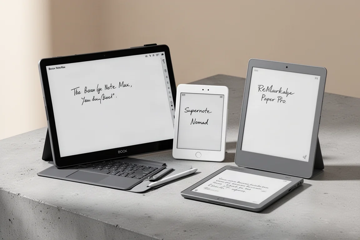 コンクリートの表面に置かれたBoox Note Max、Supernote Nomad、reMarkable Paper Proを含むE-Inkタブレットのコレクション