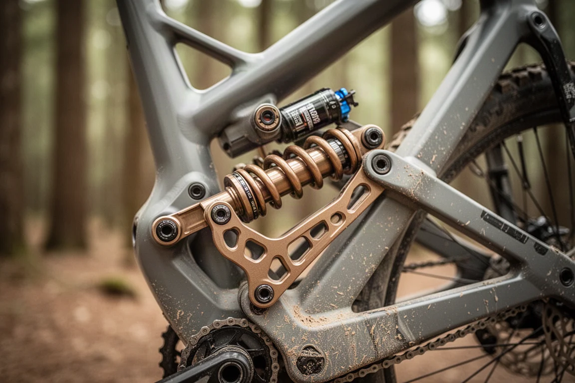Close-up van een achterschokdemper en het linksysteem van een volledig geveerde mountainbike