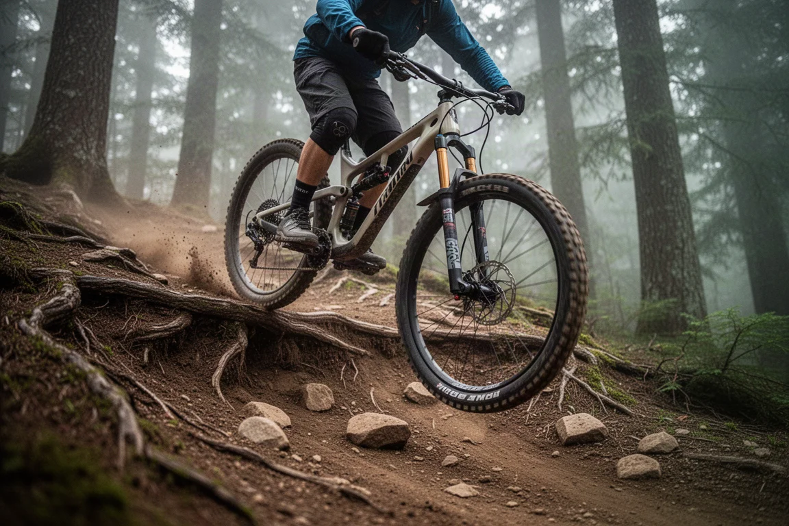 Endurofiets met lange veerweg daalt af op een steil, met wortels bedekt stuk trail
