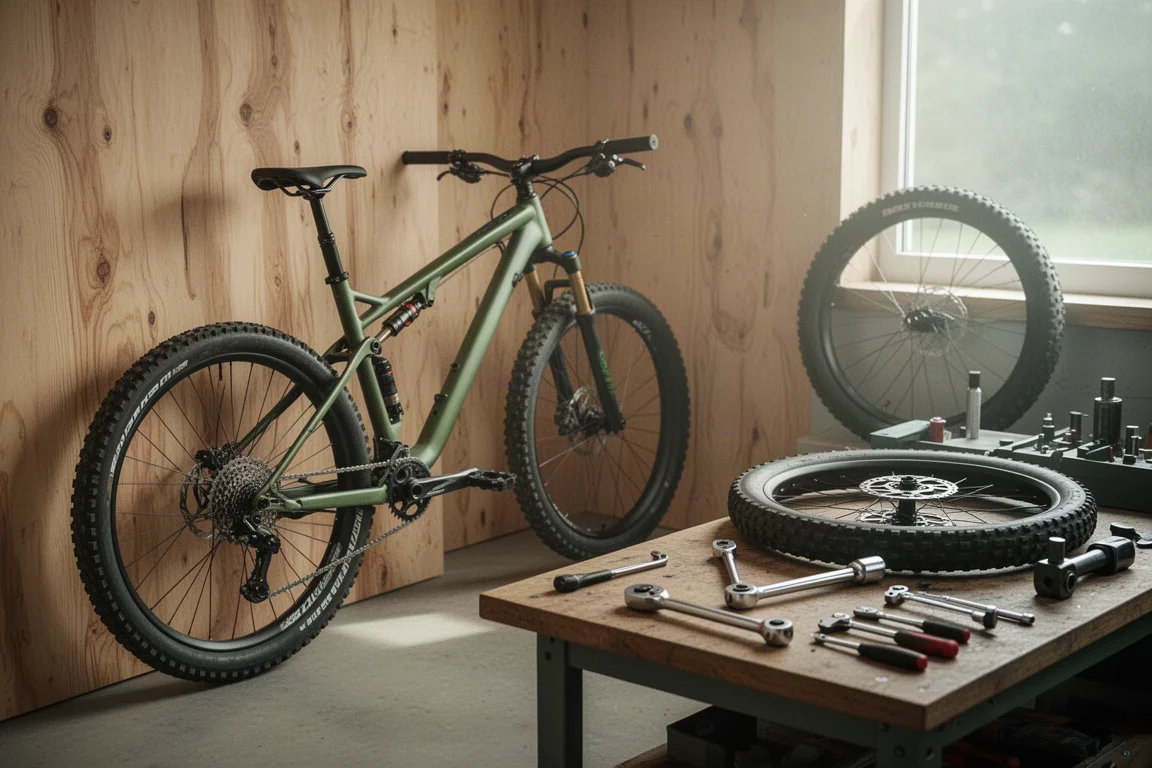 Mountainbike in een nette werkplaats met gereedschap op een werkbank