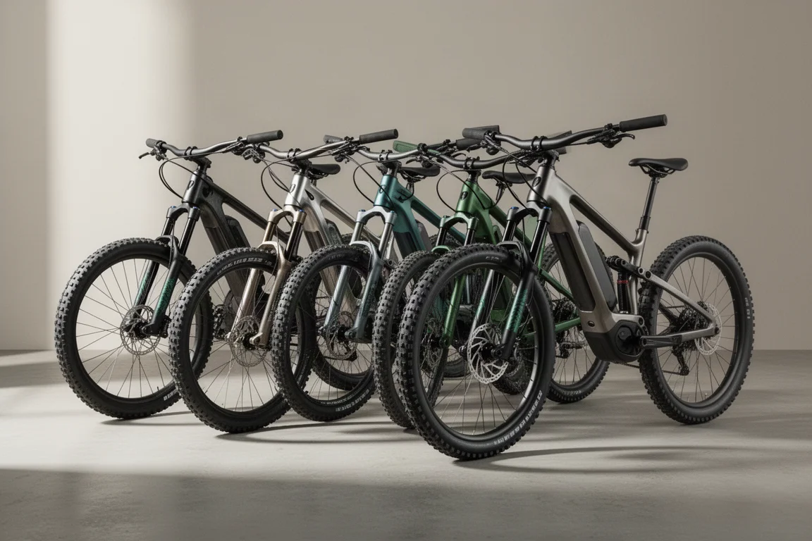 Cinque e-MTB full-suspension parcheggiate in fila su una superficie in cemento
