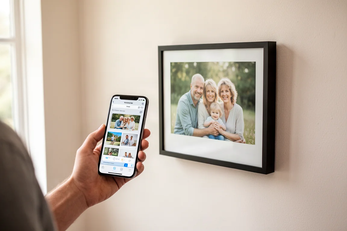 Hand hält ein Smartphone neben einem an der Wand montierten E-Paper-Bilderrahmen