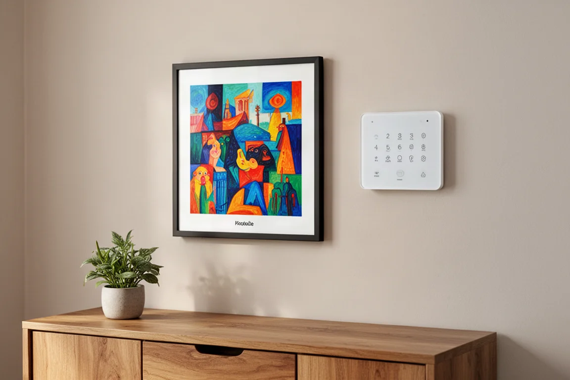 E-Paper-Bilderrahmen an einer Wand neben einem Smart-Home-Bedienfeld