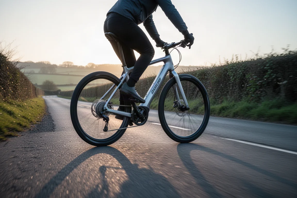 Cyklist på en lätt elektrisk landsvägscykel på en öppen landsväg i gryningen