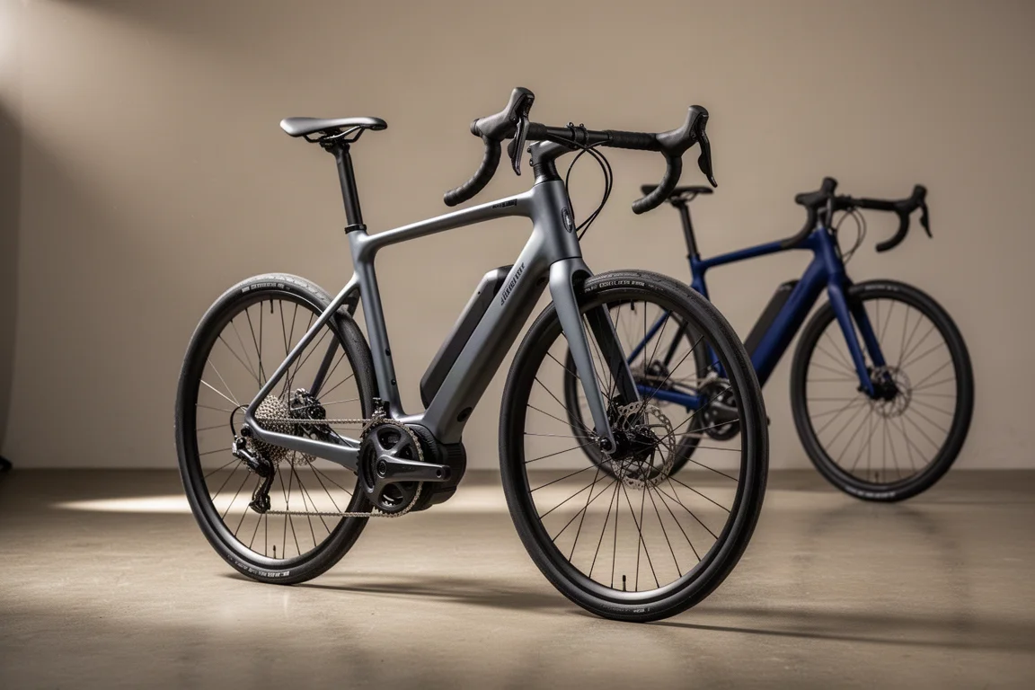 Lightweight electric road bike with a slim carbon frame on a concrete studio floor