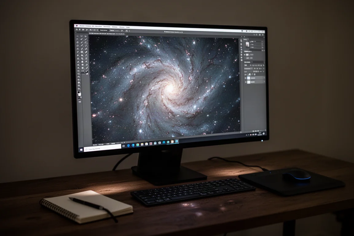 Astrofotografie wird an einem Computermonitor in einem dunklen Raum bearbeitet