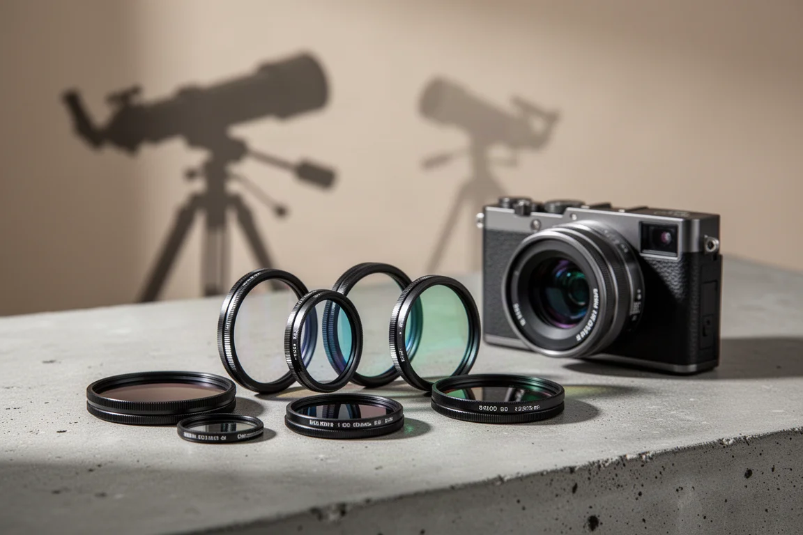Astronomy filters and an astrophotography camera arranged on a concrete surface
