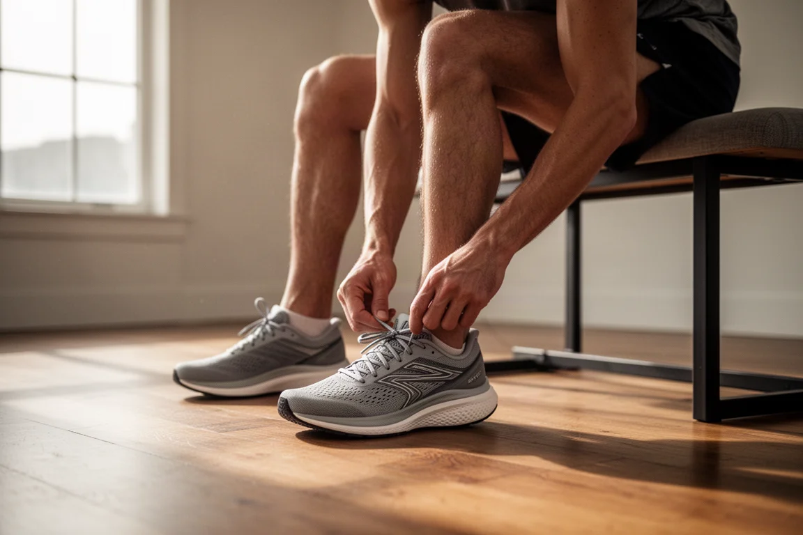 Un coureur lace une paire de chaussures de running amorties sur un plancher de bois