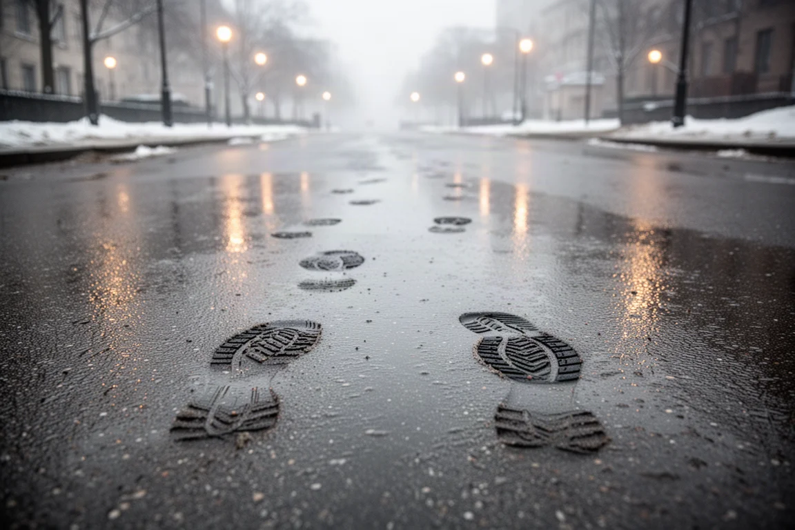 Pavé urbain mouillé par un matin d'hiver couvert avec des traces de course visibles