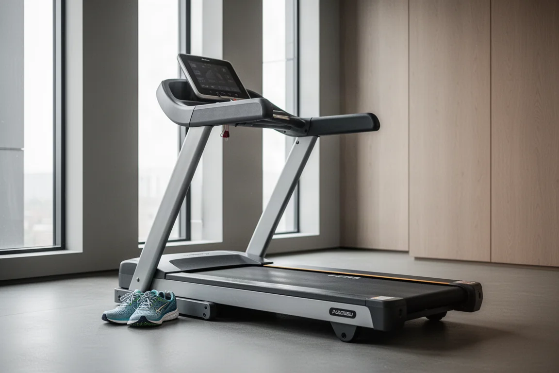 Un coureur utilise un tapis de course dans une salle de sport moderne avec une lumière douce