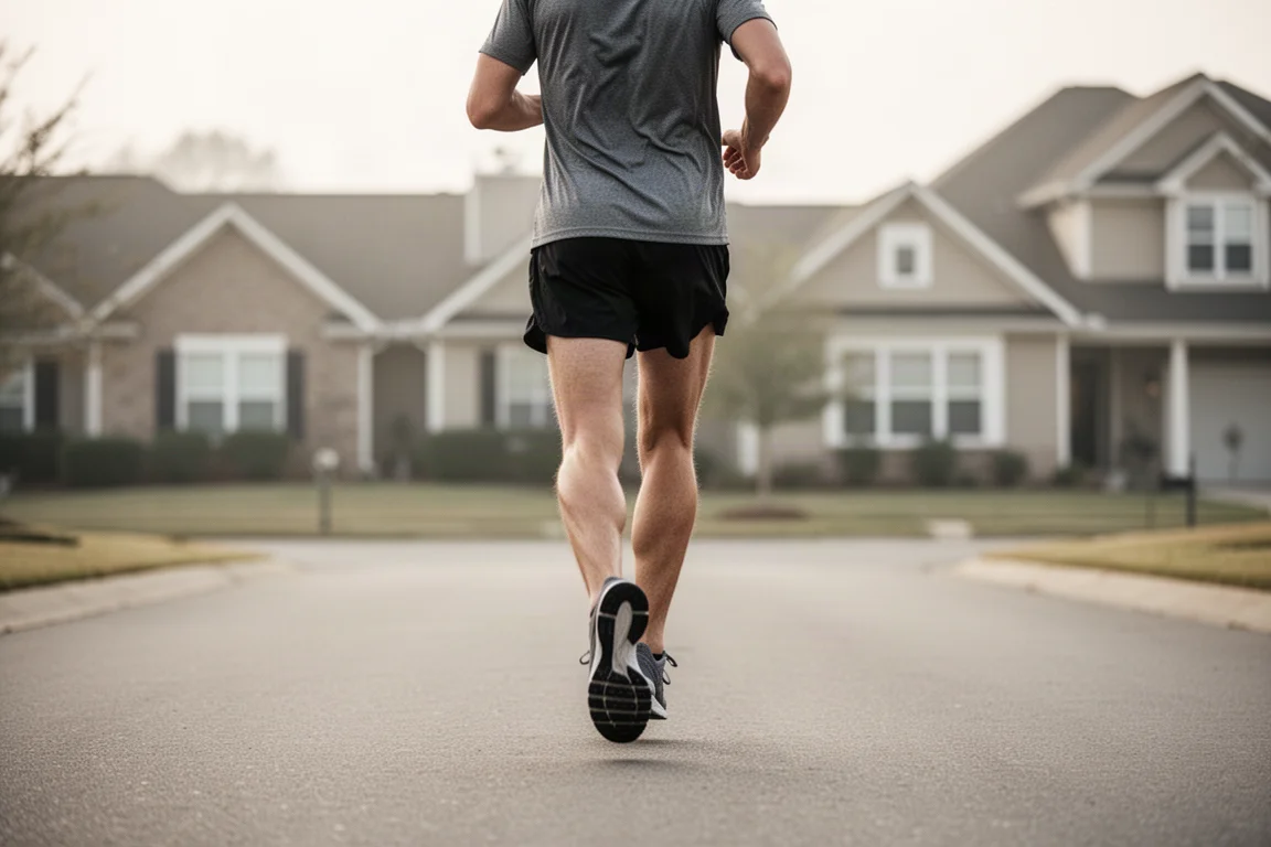 Runner jogging at an easy pace on quiet suburban tarmac in soft morning light