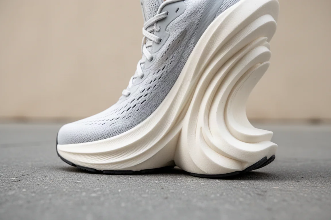 Close-up of a thick cushioned running shoe midsole resting on pavement