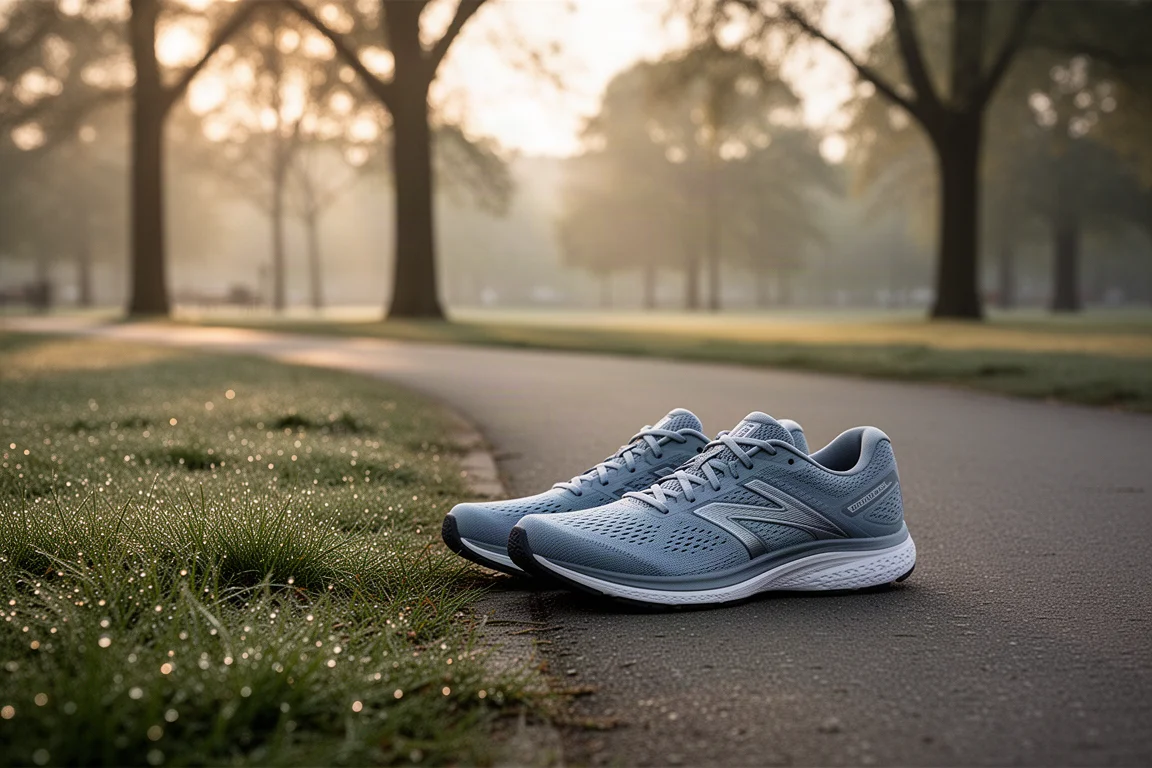 Running shoes laced up beside a park path at dawn