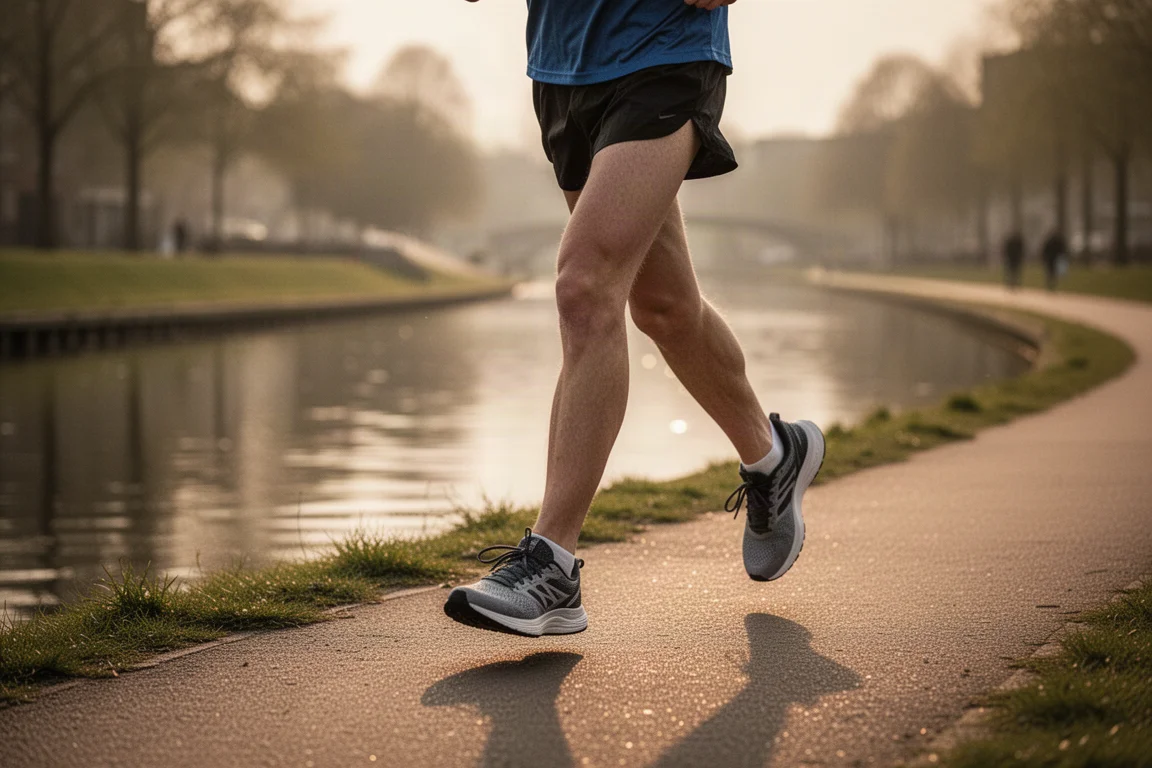 Runner walking along a canal path in comfortable trainers during golden hour