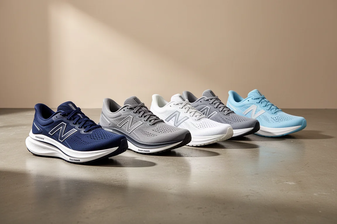 Six cushioned running shoes lined up on a matte concrete studio floor