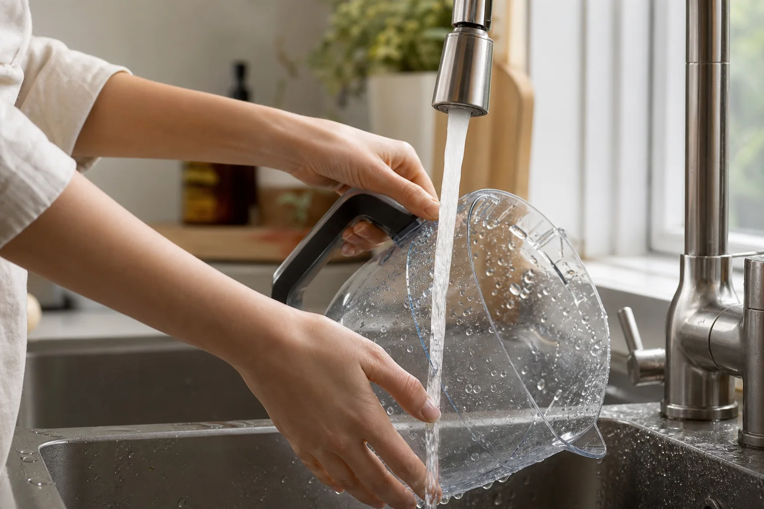 Eine Person spült den Mixbehälter unter fließendem Wasser in der Küchenspüle ab