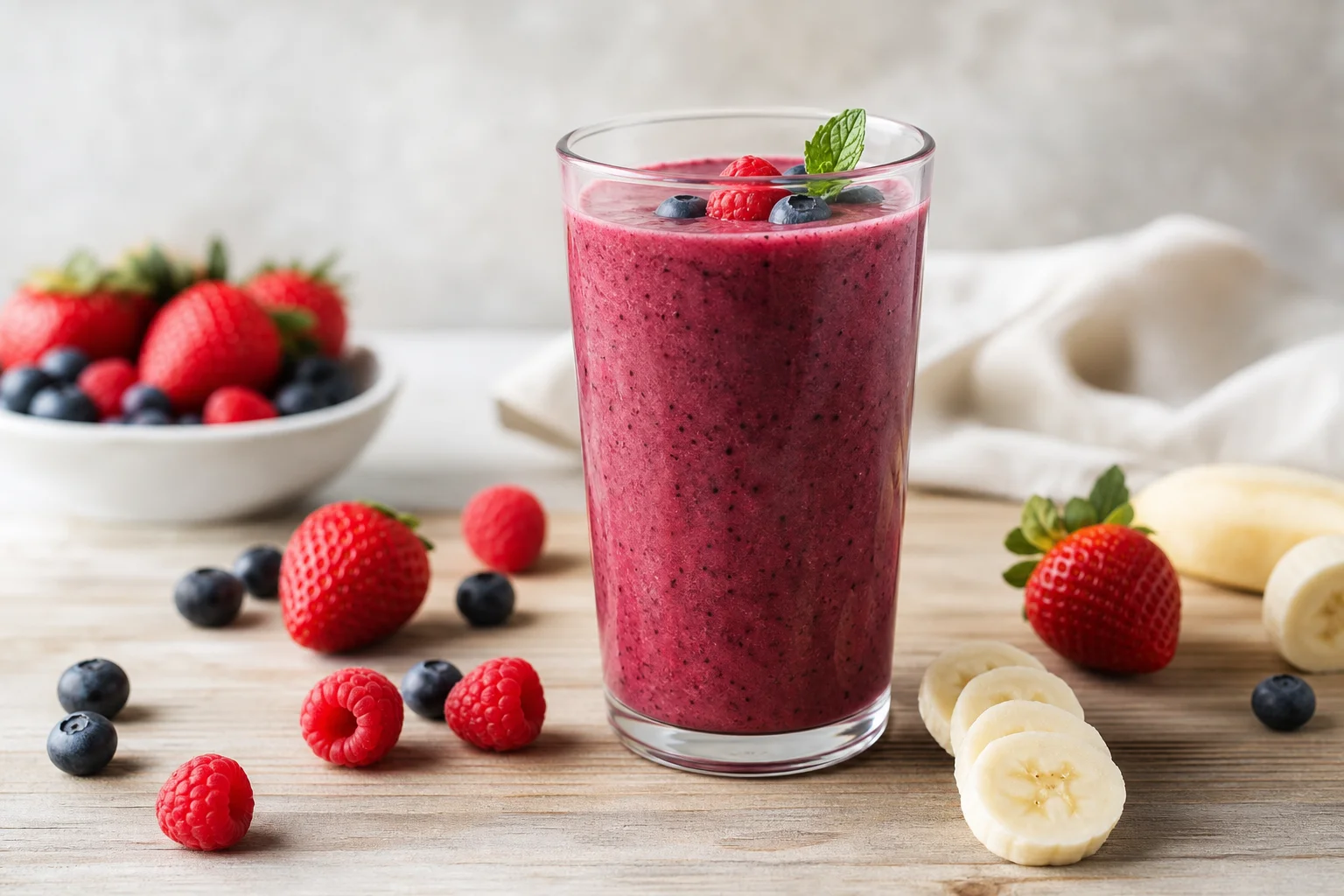 Ein perfekt gemixter Smoothie in einem Glas mit frischen Obstzutaten daneben