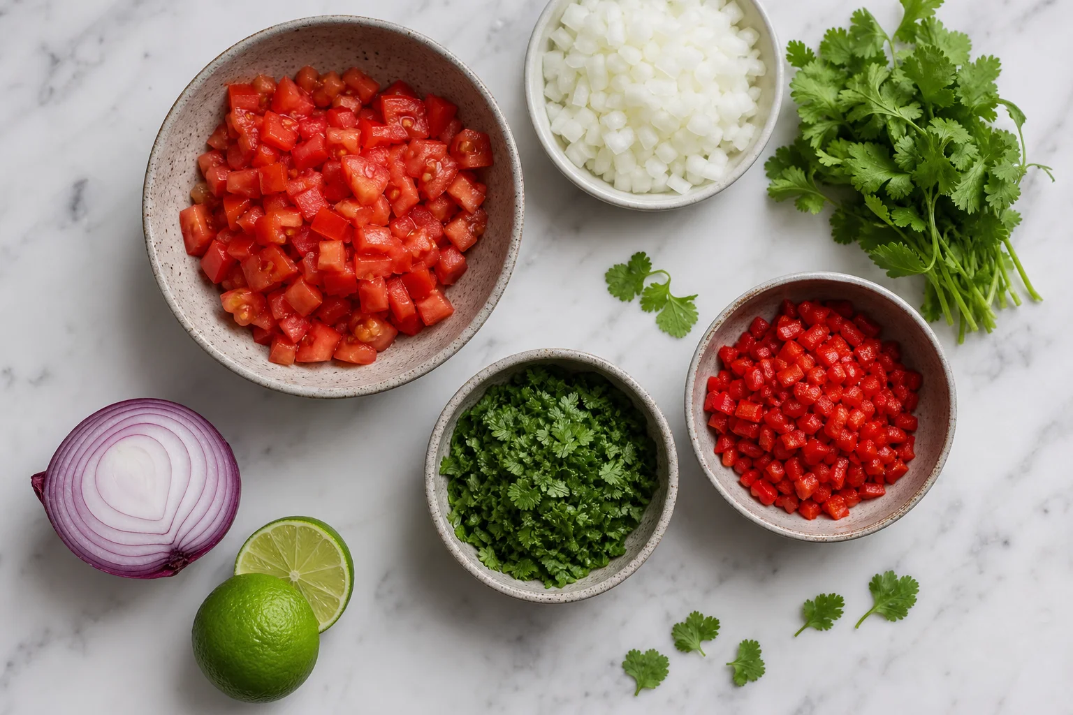 Draufsicht auf frische Zutaten für Salsa auf einer Marmoroberfläche