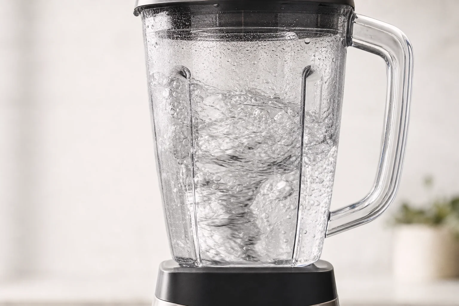 Selbstreinigungszyklus eines Standmixers mit Wasser und Seife, die im Behälter wirbeln