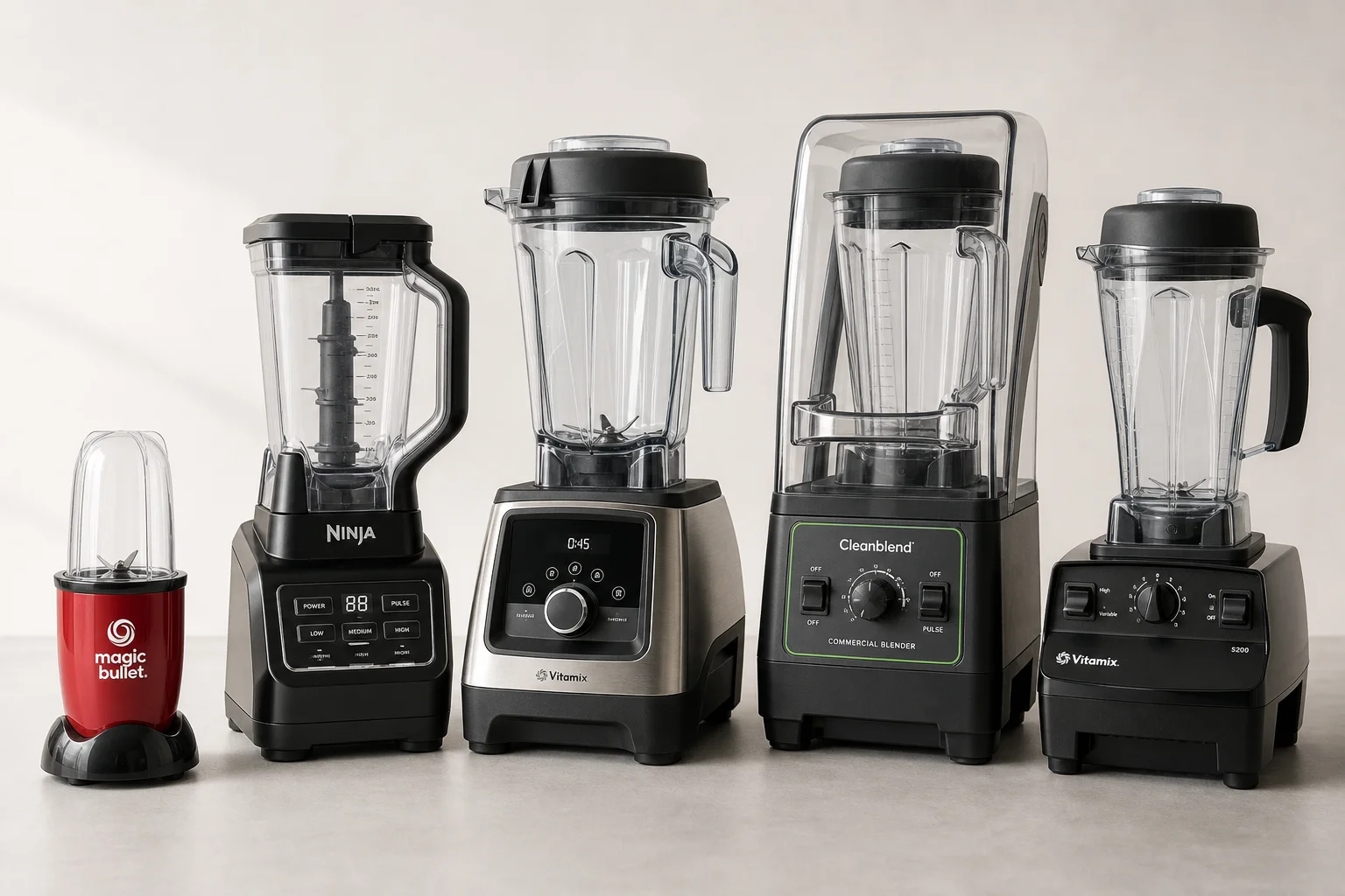 Five blenders arranged on neutral backdrop: Magic Bullet, Ninja BN701, Vitamix A3500, Cleanblend, and Vitamix 5200